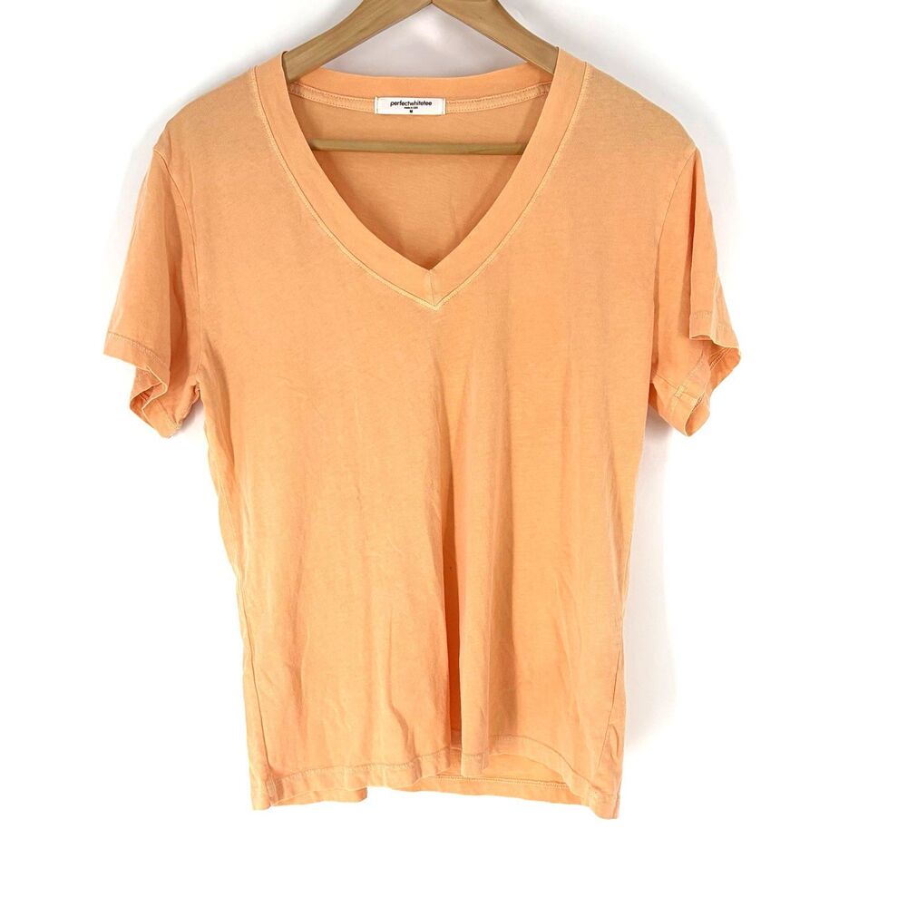 Perfectwhitetee T Shirt Size Medium Womens Orange Peach V Neck Short Sleeve Tee